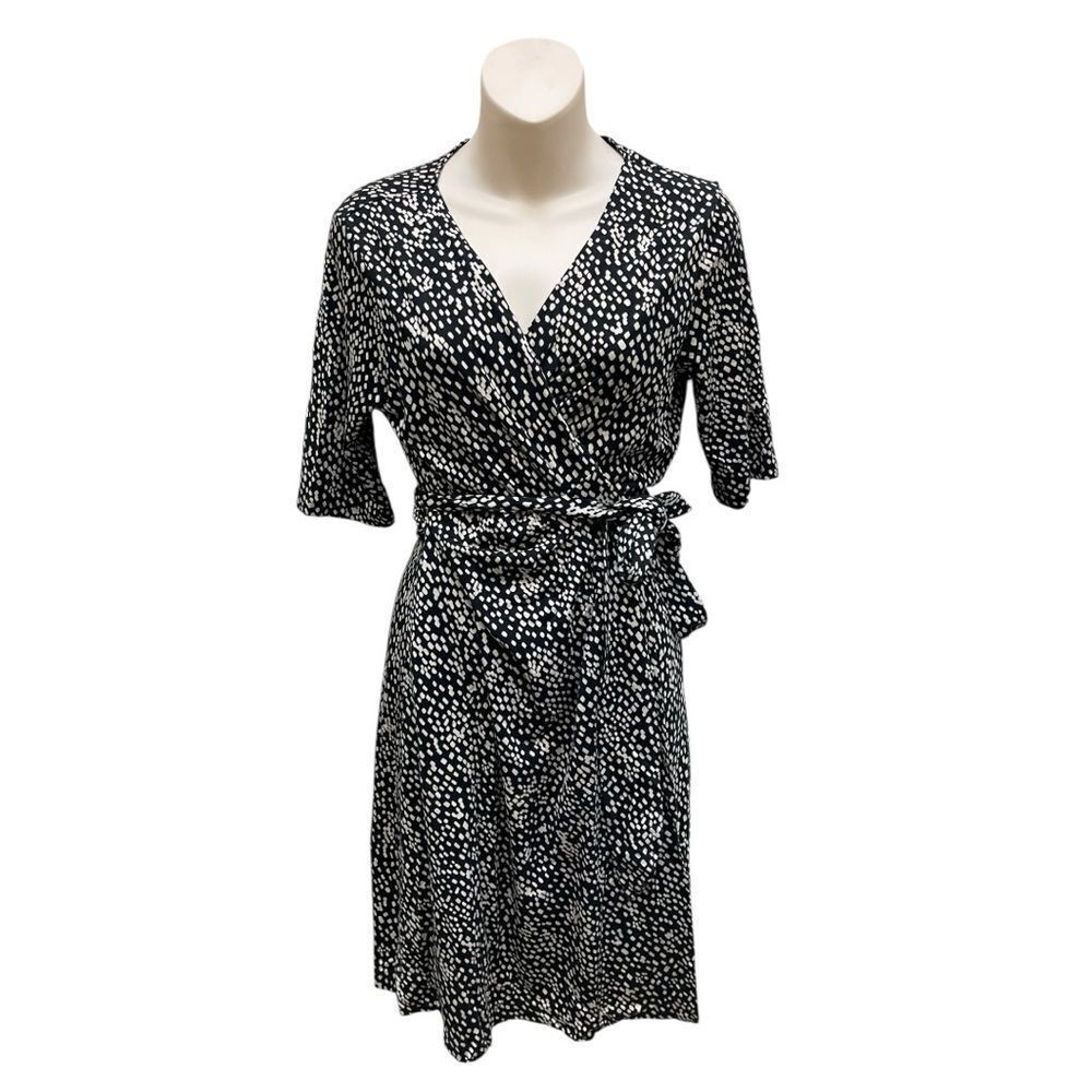 Banana Republic Silk Blend Wrap Dress Black Cream Print Medium EUC